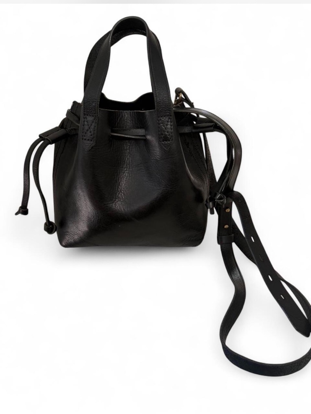 Madewell Black Leather Mini Drawstring Bucket Crossbody Bag